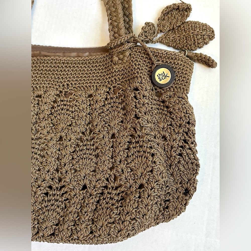 The Sak Brown/Gold Metallic Crochet Medium Boho Tote Bag Purse-Like New! - Picture 2 of 10